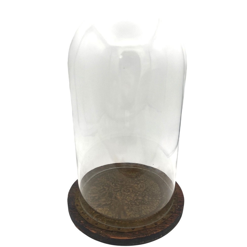 Vintage Glass Display Dome Cloche Wood Base Punched Brass